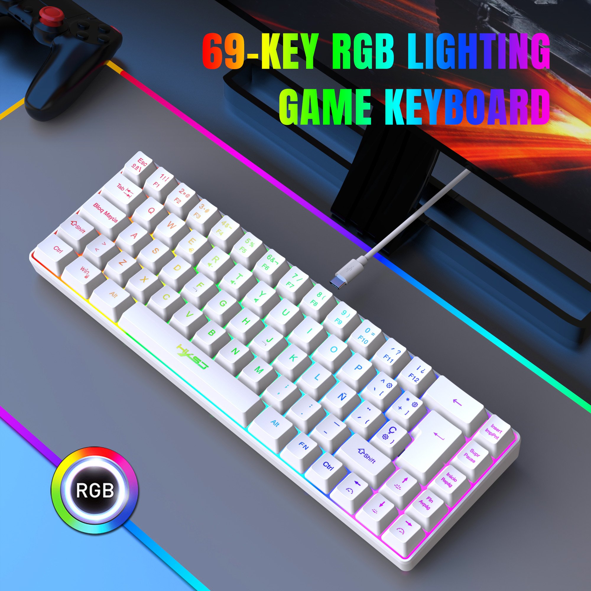 New arrival HXSJ V200 68-key Spanish ABS Type-C durable slient RGB luminous mechanical feel gaming keyboard for laptop pc