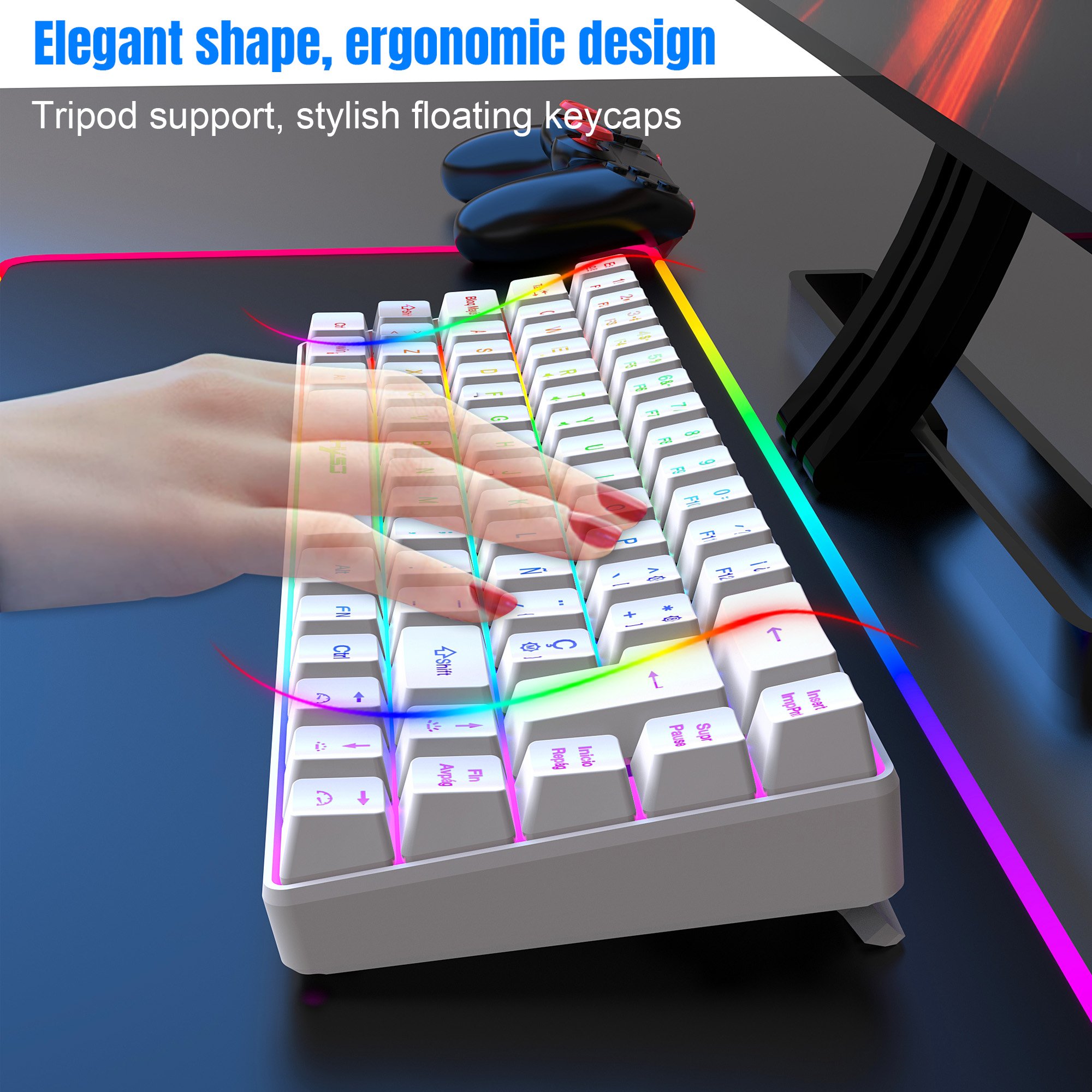 New arrival HXSJ V200 68-key Spanish ABS Type-C durable slient RGB luminous mechanical feel gaming keyboard for laptop pc