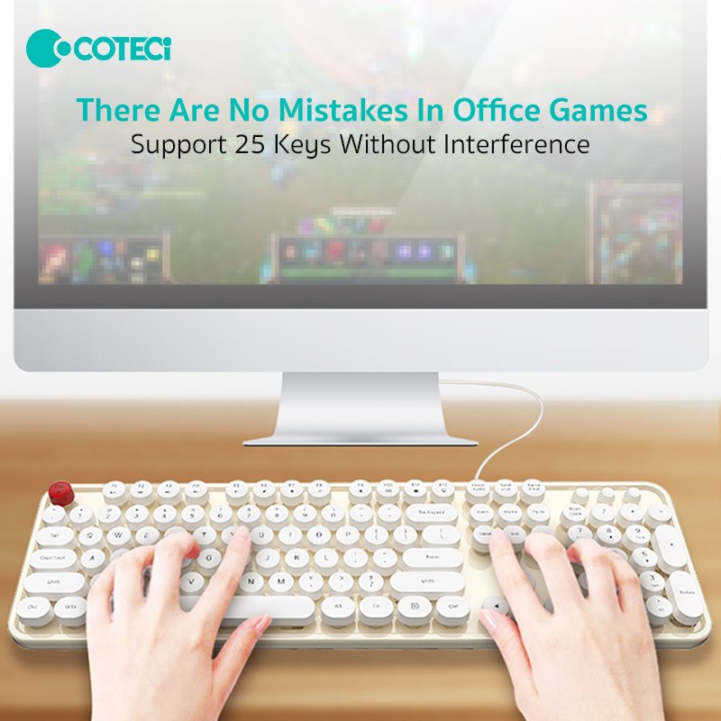 COTECi 104 Keys USB Dot Wired Retro Office Keyboard New Gaming Combo for Desktop Cordless Typewriter Mouse Combination