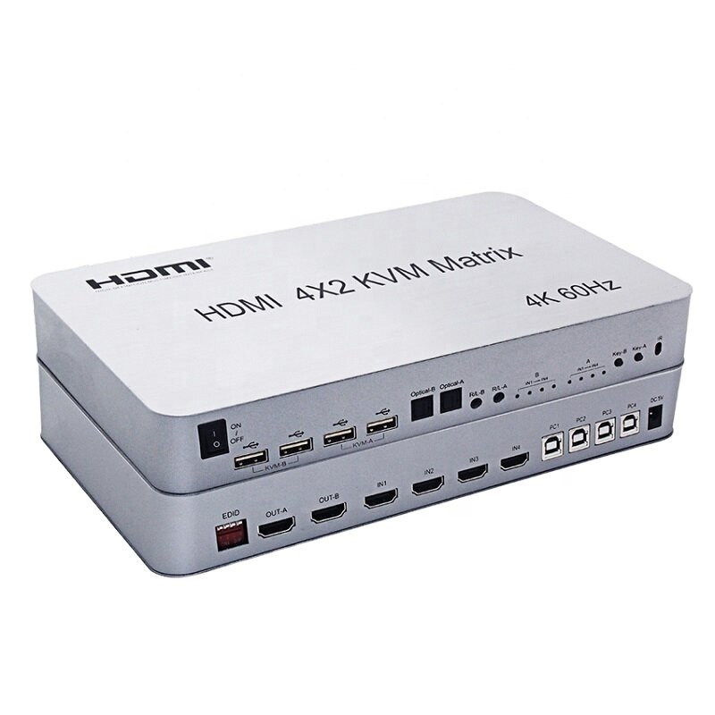 Custom 4x2 Matrix vga dvi display port KVM Switch USB 3.0 4K 60Hz, PC Keyboard Mouse Peripherals Sharing Box for 4 Computers