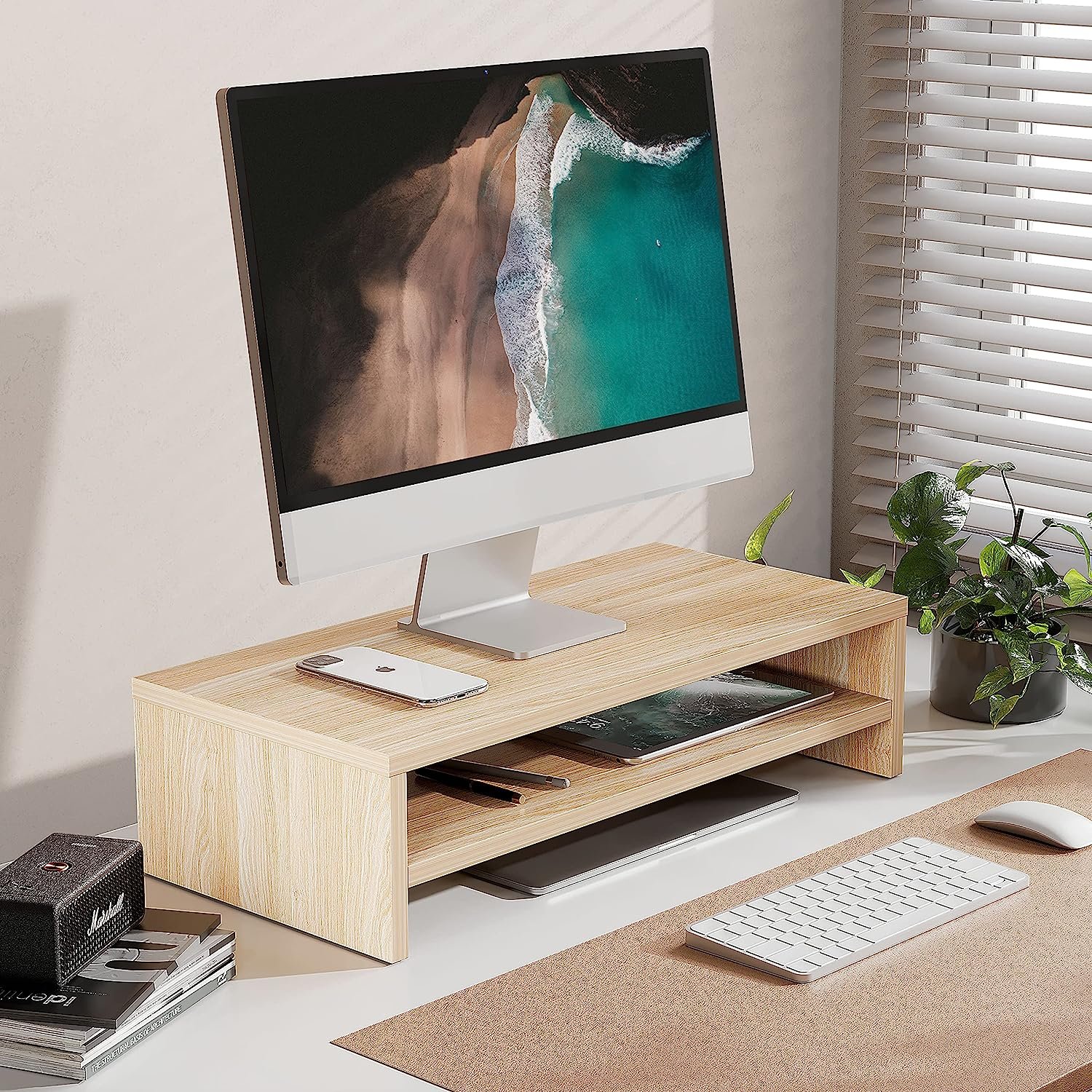 Wooden Computer Stand Desk Organiser with Storage Laptop Stand Desk Notebook Computer Holder for Keyboards