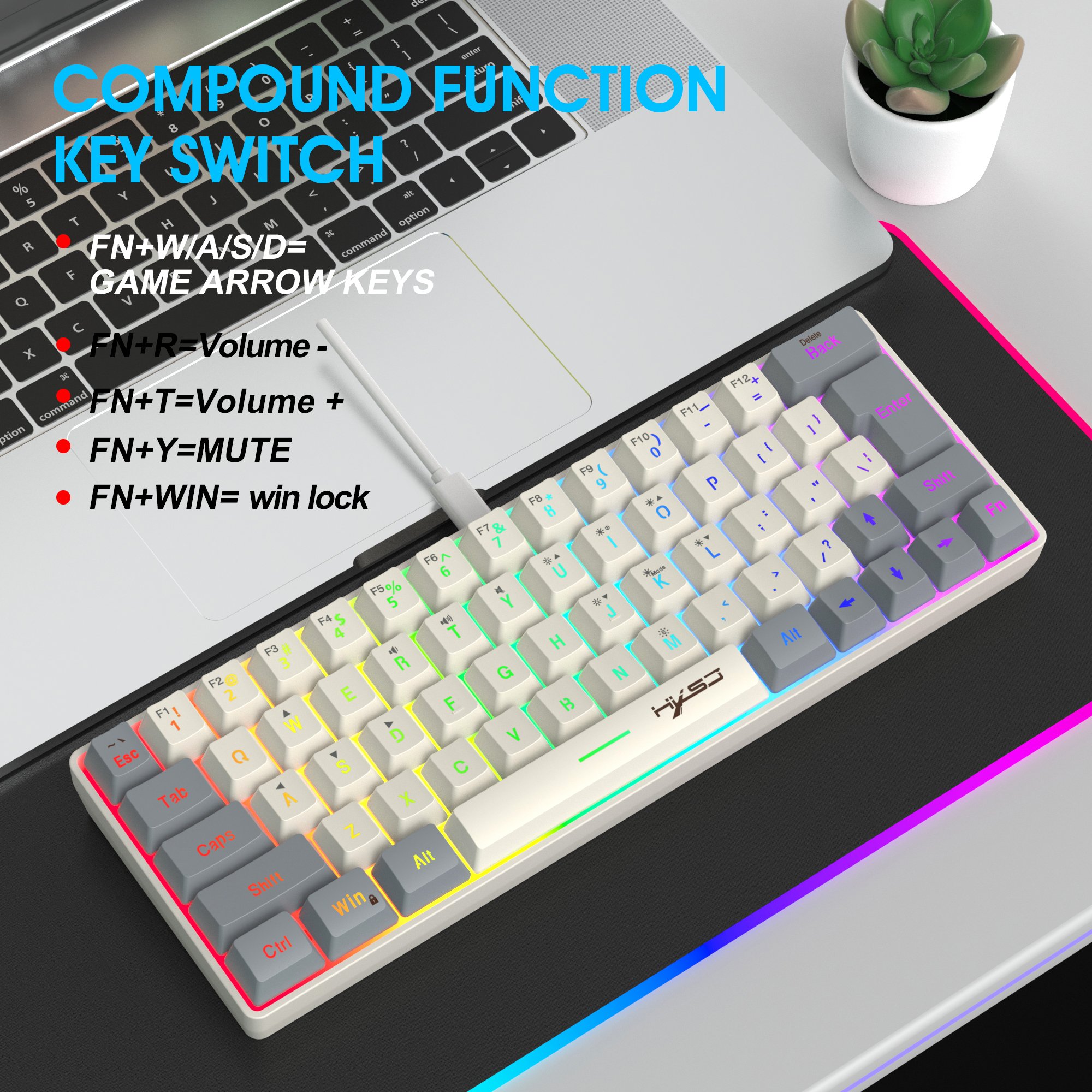 New arrival HXSJ V400 63-key mini membrane keyboard RGB Backlit compact portable wired gaming keyboard for laptop desktop game