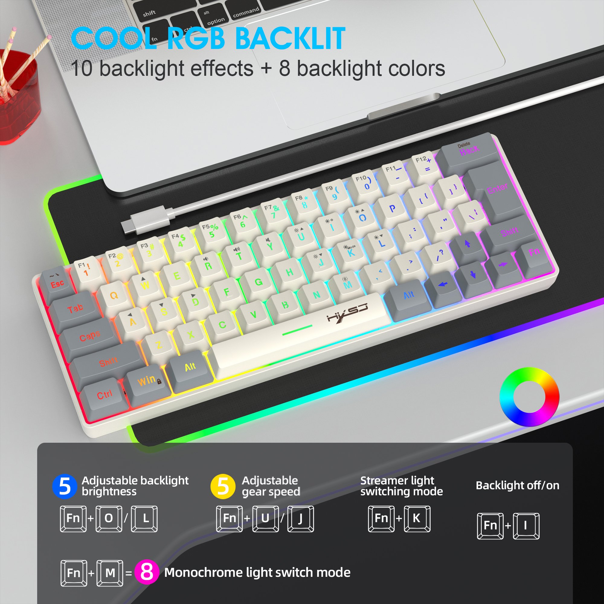 New arrival HXSJ V400 63-key mini membrane keyboard RGB Backlit compact portable wired gaming keyboard for laptop desktop game