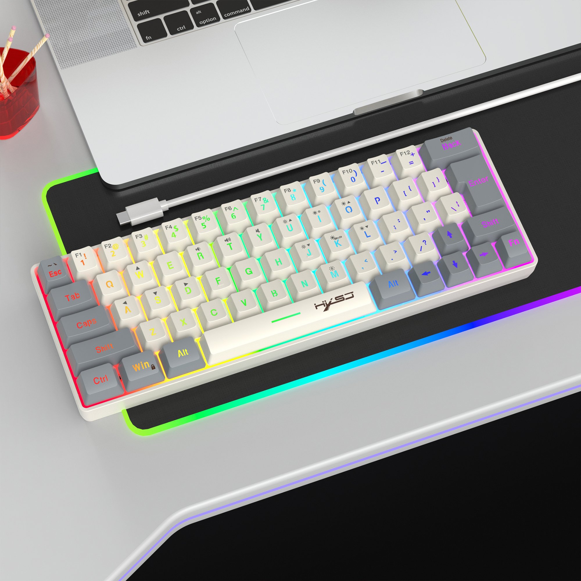 New arrival HXSJ V400 63-key mini membrane keyboard RGB Backlit compact portable wired gaming keyboard for laptop desktop game