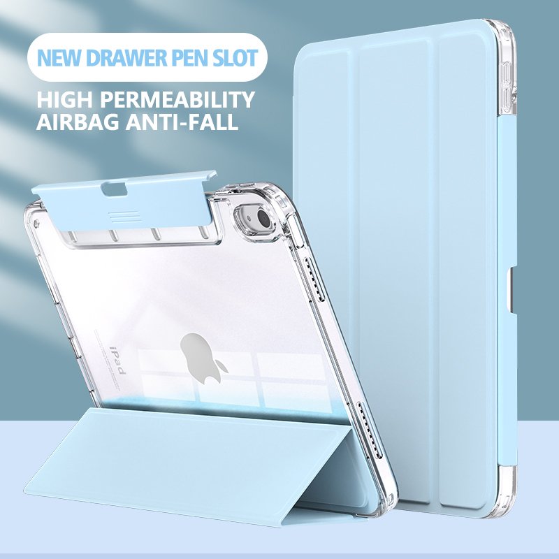 Factory direct transparent acrylic back shell tablet case hidden drawer pen slot PU leather for ipad pro11 tablet case