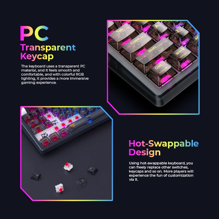 Havit KB875L 98 Keys Hot Swap RGB Lights Fully Transparent Backlit Mechanical Gaming Keyboard with Gasket Structure