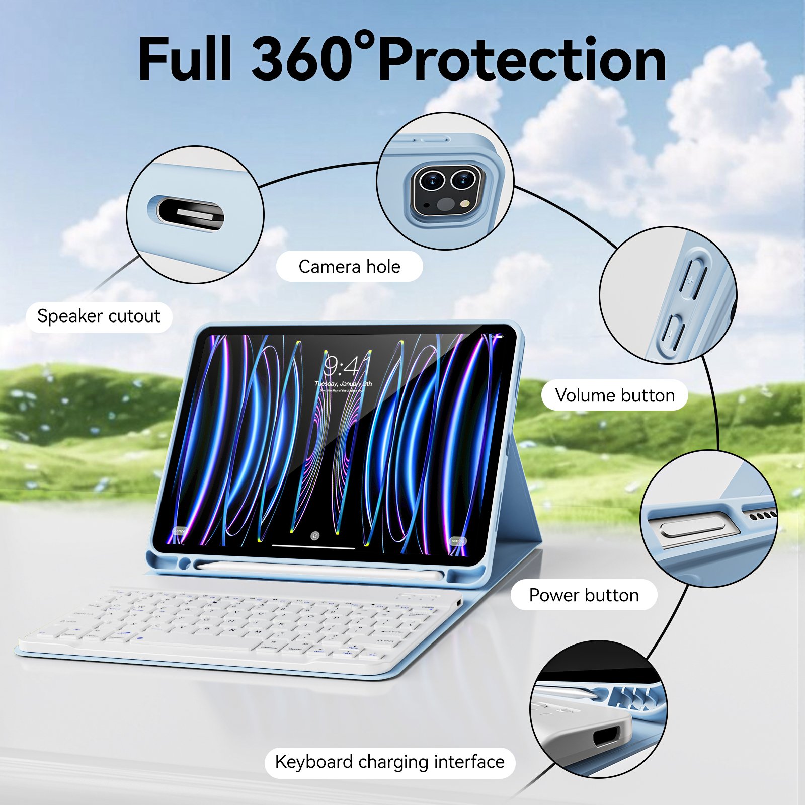 Kenke Newest Case Pro 4th 11 Inch Adjustable Angle Wireless BT Keyboard Smart Cover Case with Pencil Holder Tablet Case for iPad