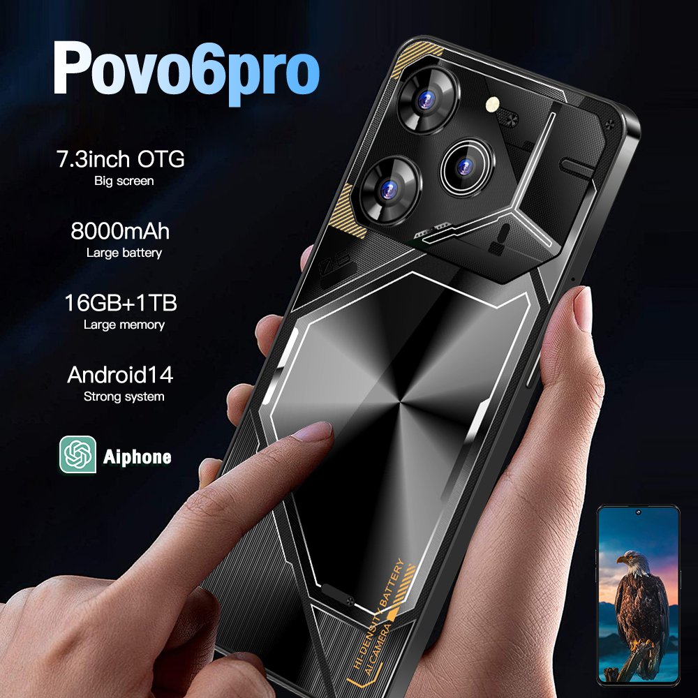 Top Selling Pova6 Smart Cell Phone 16GB + 1TB 7.3Inch Full Display Strong 10-Core Processor Dual SIM Mobile Phone