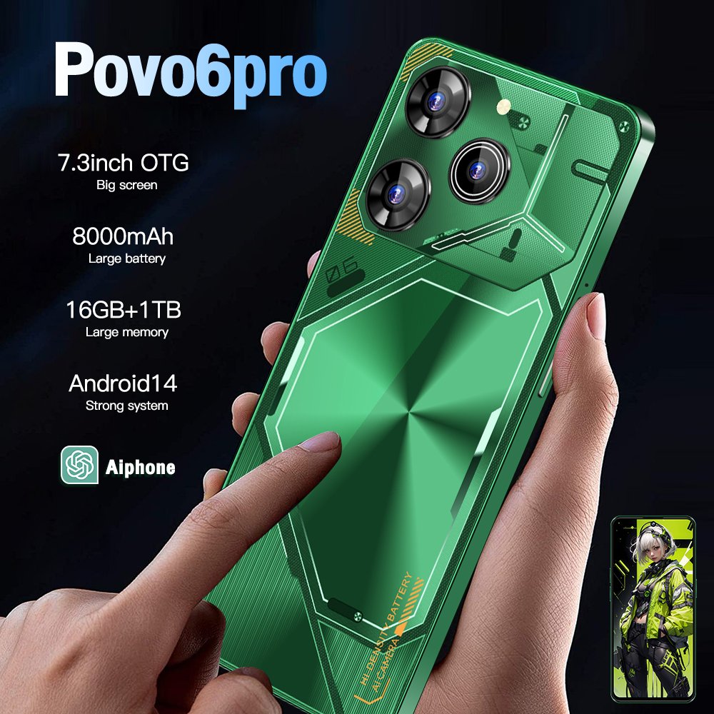Top Selling Pova6 Smart Cell Phone 16GB + 1TB 7.3Inch Full Display Strong 10-Core Processor Dual SIM Mobile Phone