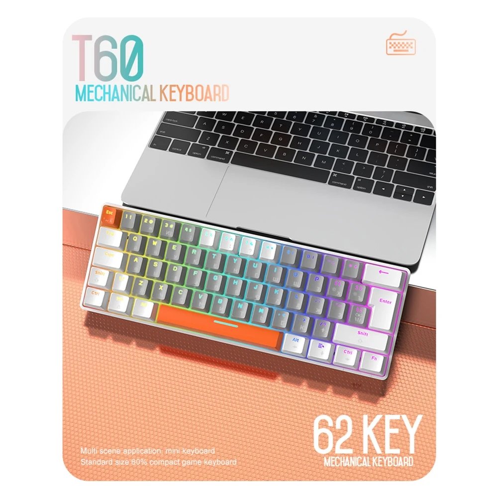 T60 Gamer Keyboard Red/Blue Switch 62 Keys Wired Mechanical Keyboard USB Mini Wired Backlit Portable Travel for Game Laptop PC