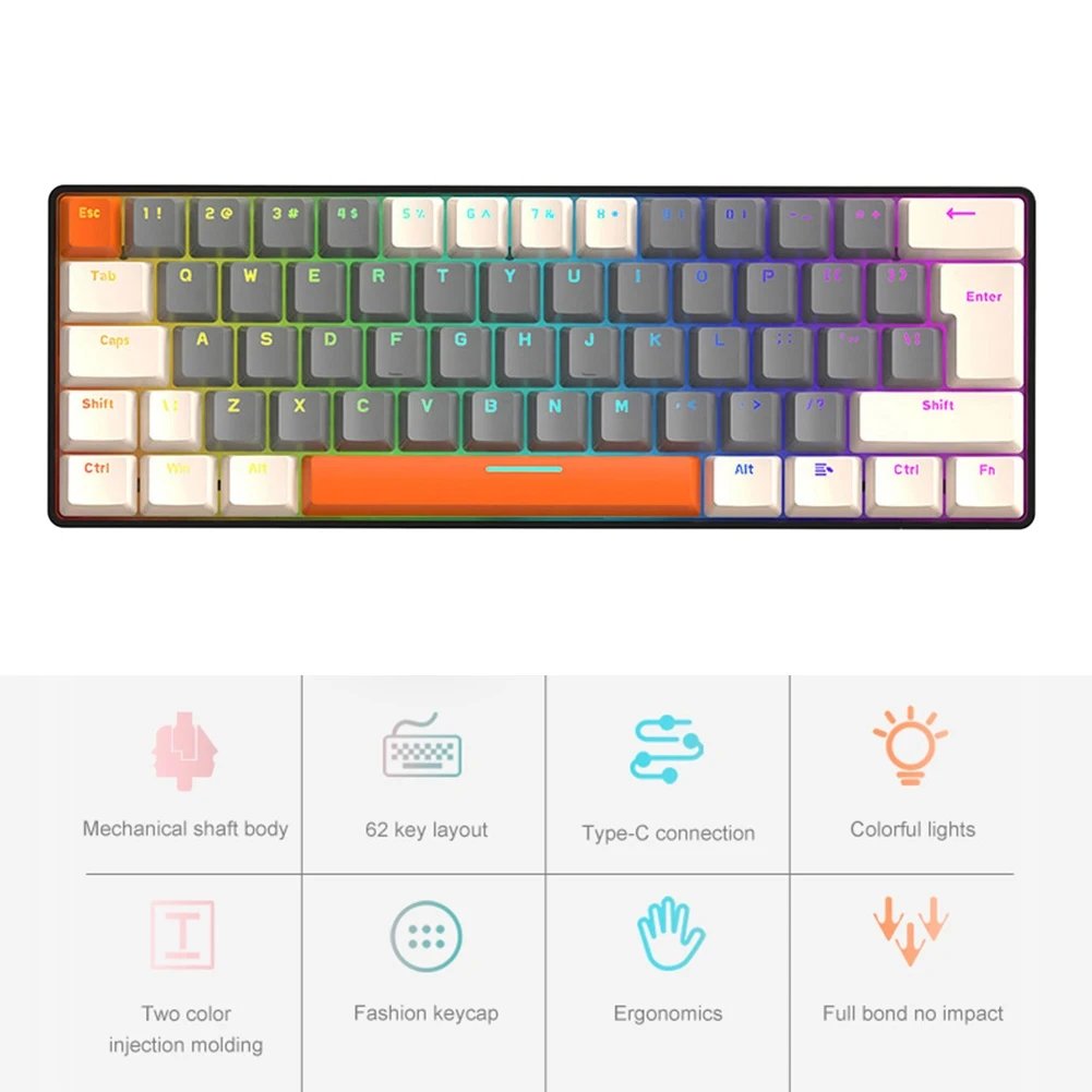 T60 Gamer Keyboard Red/Blue Switch 62 Keys Wired Mechanical Keyboard USB Mini Wired Backlit Portable Travel for Game Laptop PC