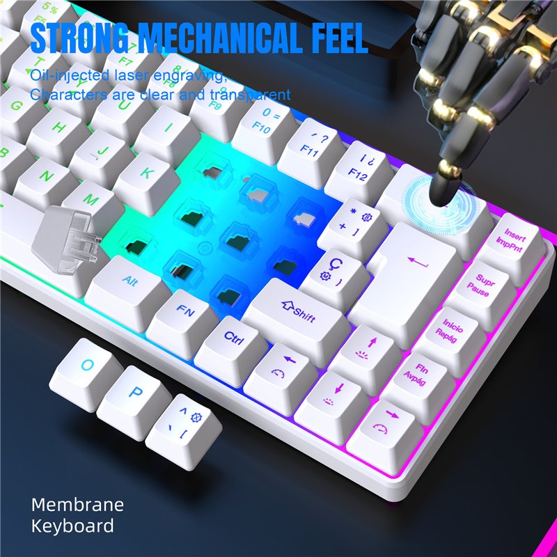 Spanish WIred Keyboard Membrane Mini 69 Keys RGB Backlit Gaming Ergonomic Design V200 Black White Spanish Keyboard