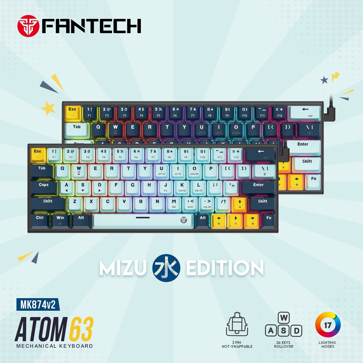 FANTECH MK874v2 ATOM63 High-Quality Materials Enhanced Typing Comfort Wide Compatibility Mechanical Keyboard
