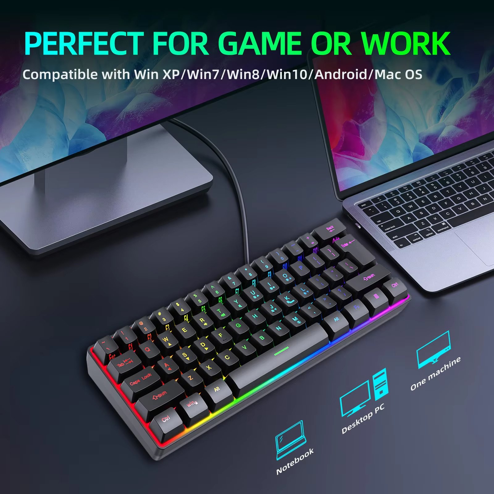 60% Wired RGB Gaming Keyboard Black 61 Keys Compact Mechanical USB Switch Multi-Keys Laptop/Desktop/Computer New Tablet