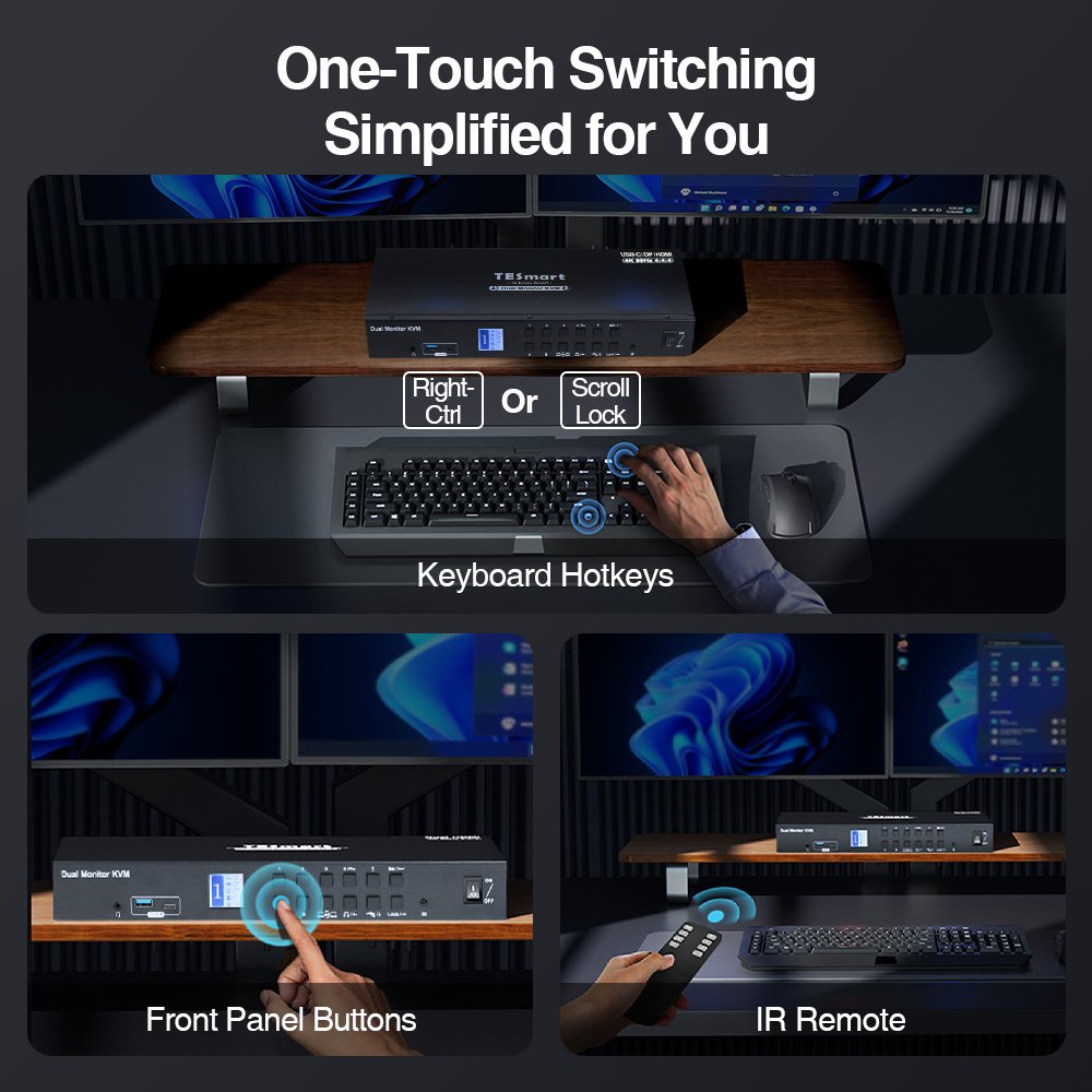 TESmart Triple Monitor MST KVM Docking Station Kit 4K60Hz EDID for 1 Laptop & 3 PCs 2 Display Mode KVM Switches