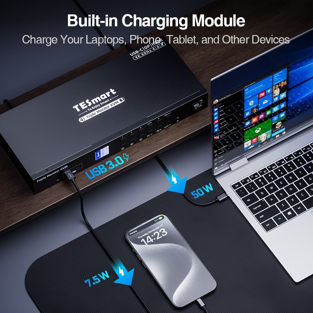 TESmart Triple Monitor MST KVM Docking Station Kit 4K60Hz EDID for 1 Laptop & 3 PCs 2 Display Mode KVM Switches