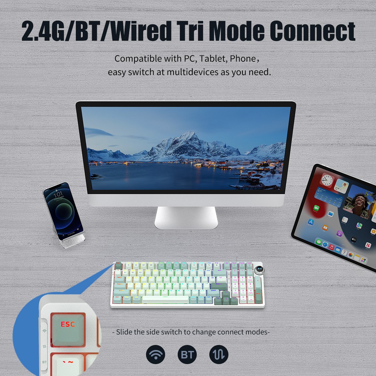 Wireless Gaming Mechanical Keyboard Qwerty Fashion Hot Swap Rgb BT Brown Switches Rechargeable Multi-function Knobs