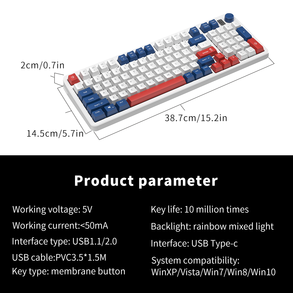 99 Keys USB Wired Keyboard ABS Keycaps Rainbow Backlit Membrane Mechanical Keyboard with Volume Button for Computer Laptop