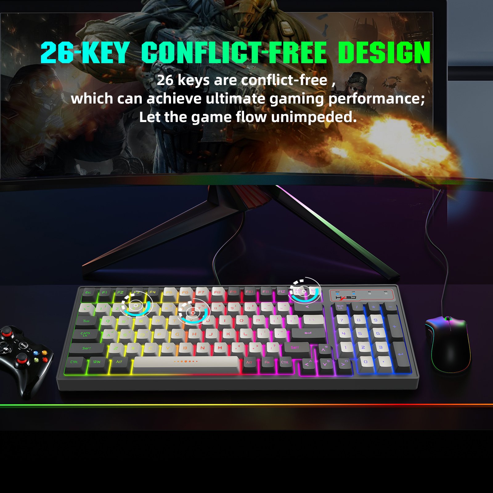 V600 96 Keys RGB Backlight Membrane Keyboard Quick Response Anti-skid Compact Gaming Wired Keyboard