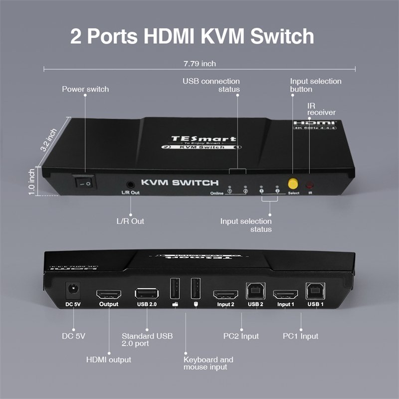 TESmart HDMI KVM Switcher 2x1 Support switching HDCP 2.2 analog L/R kvm switch 2 port 60hz