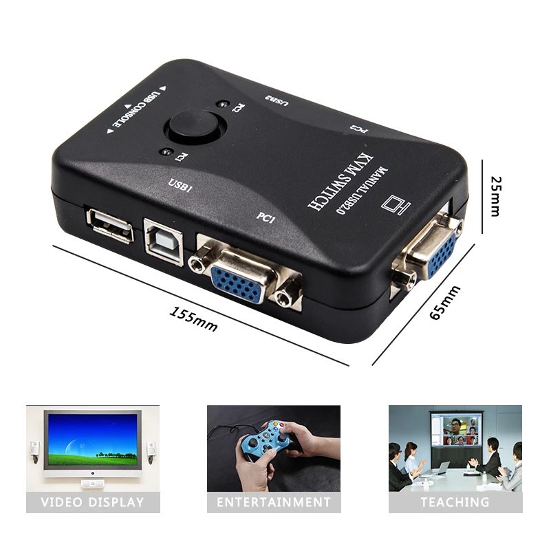 2 Port USB 2.0 KVM Switch 1920*1440 VGA Switch Spliter Box with Two Cables for Keyboard Mouse Monitor Computer Key Genre