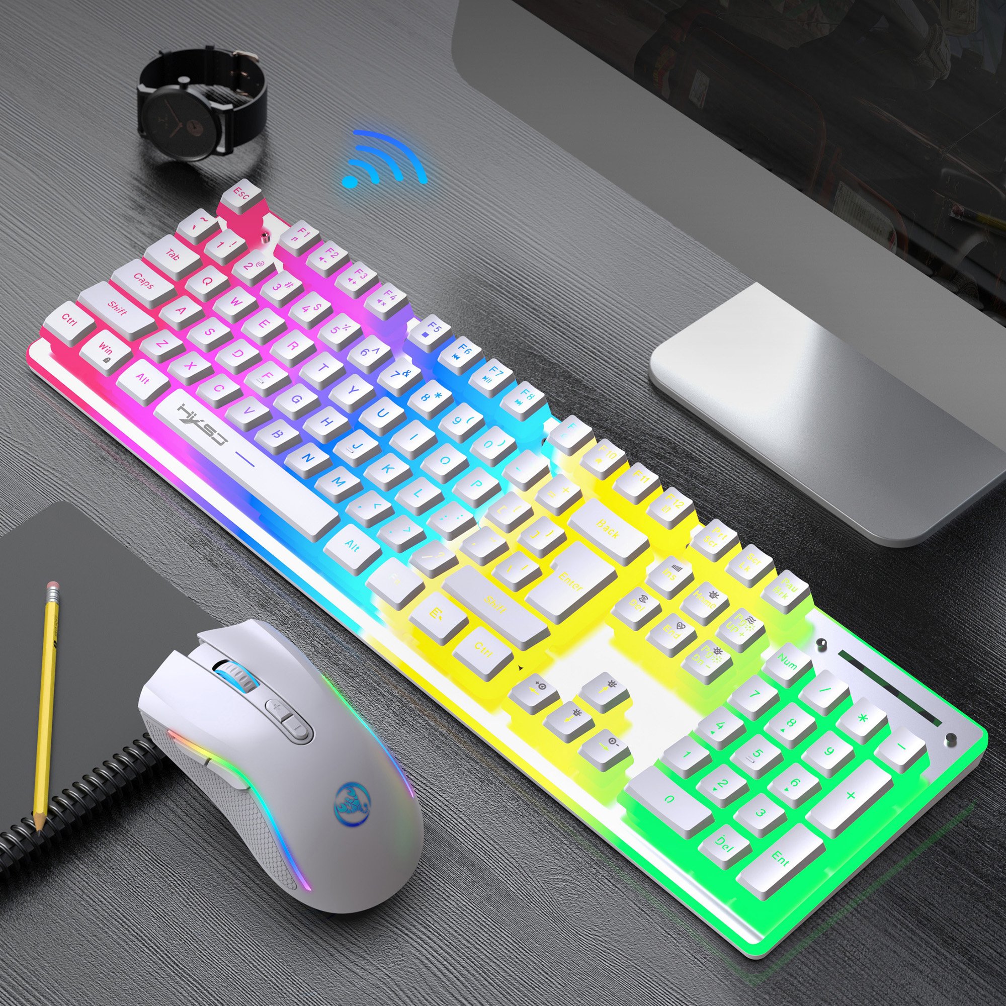 Hot sale HXSJ L96 104 keys 2.4G wireless membrane keyboard RGB glow lighting gaming mouse and keyboard combo for laptop