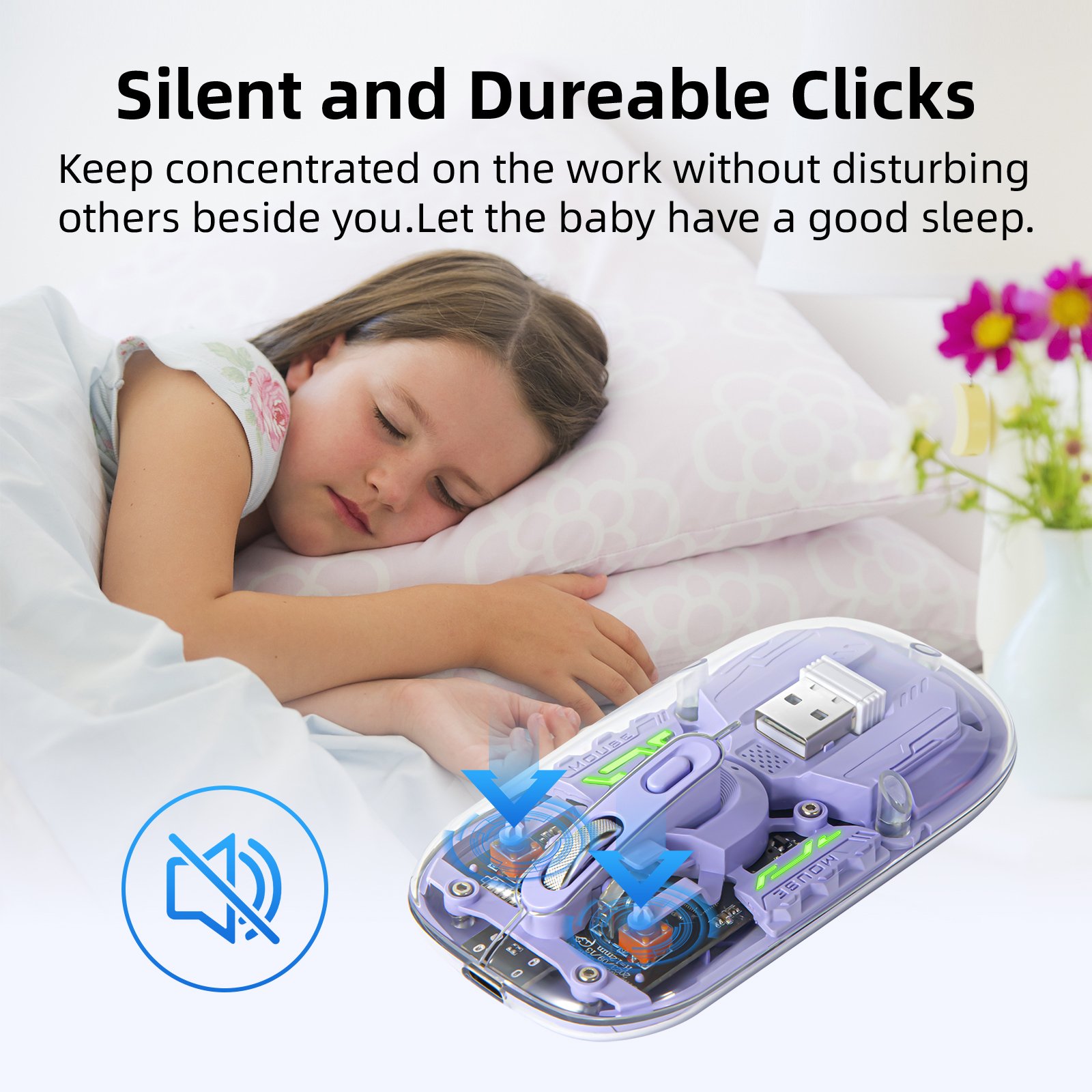 Bluetooth transparent Mouse for Laptop Transparent Magnetic cover mouse Portable silm travel Mouse LED Purple