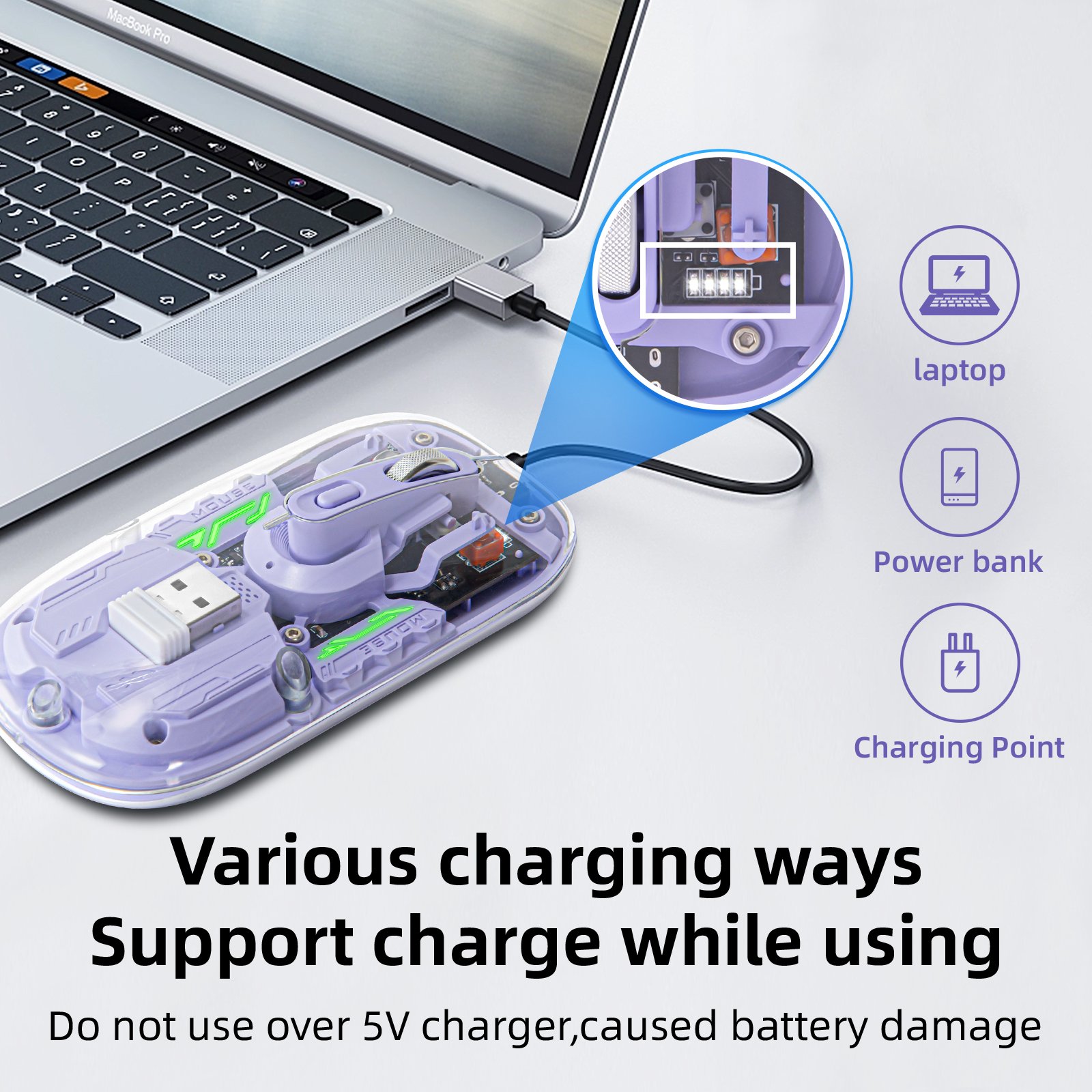 Bluetooth transparent Mouse for Laptop Transparent Magnetic cover mouse Portable silm travel Mouse LED Purple