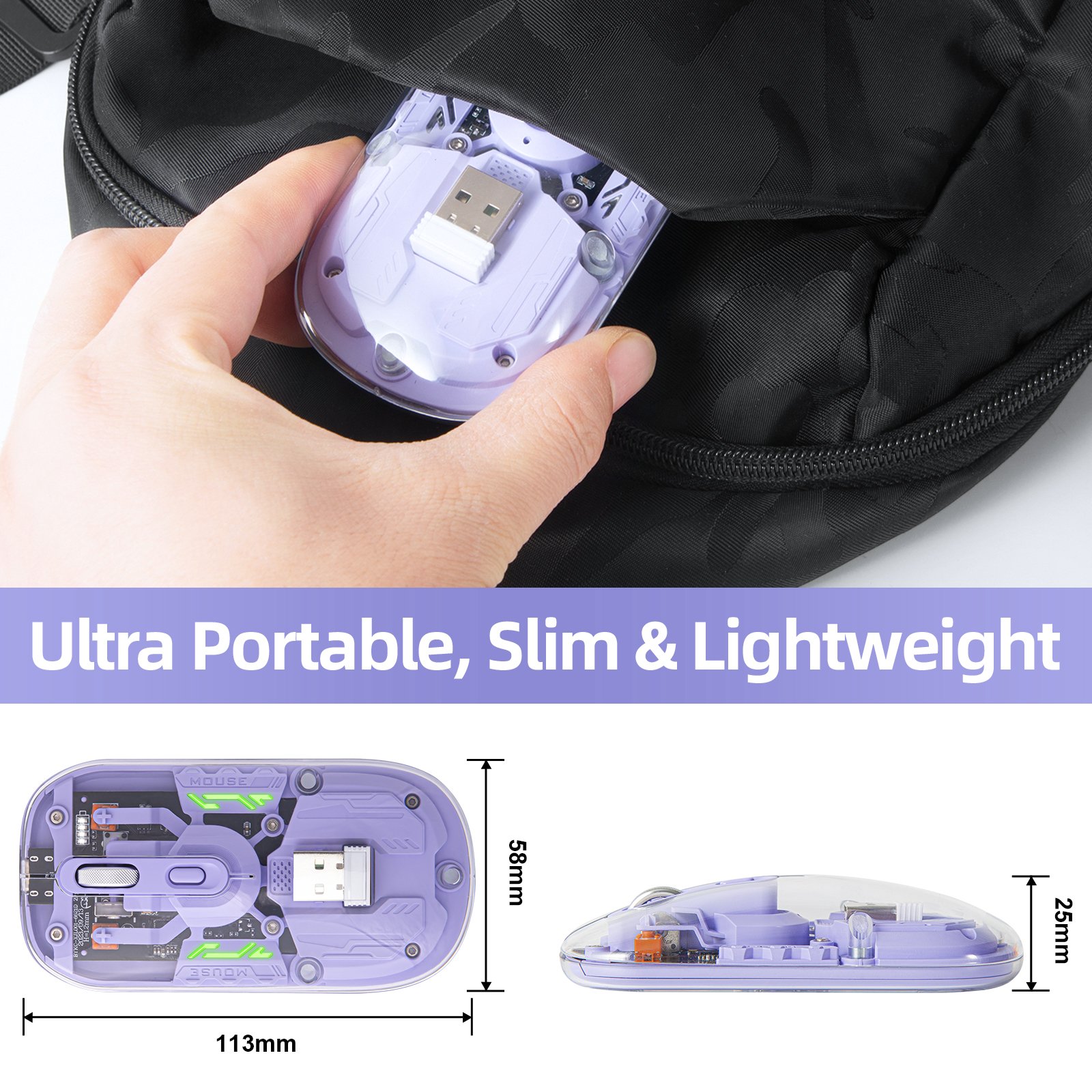 Bluetooth transparent Mouse for Laptop Transparent Magnetic cover mouse Portable silm travel Mouse LED Purple