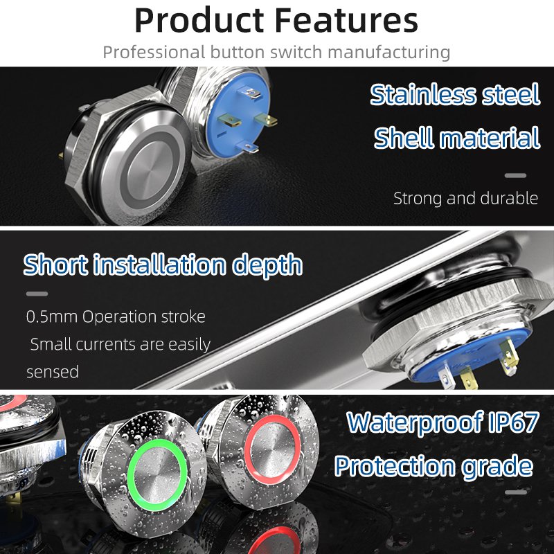 China Manufacturer Micro Travel Ip67 Normally Open 12mm 16mm 19mm Ring Light switches Illuminated Push Button