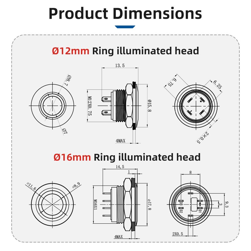 China Manufacturer Micro Travel Ip67 Normally Open 12mm 16mm 19mm Ring Light switches Illuminated Push Button