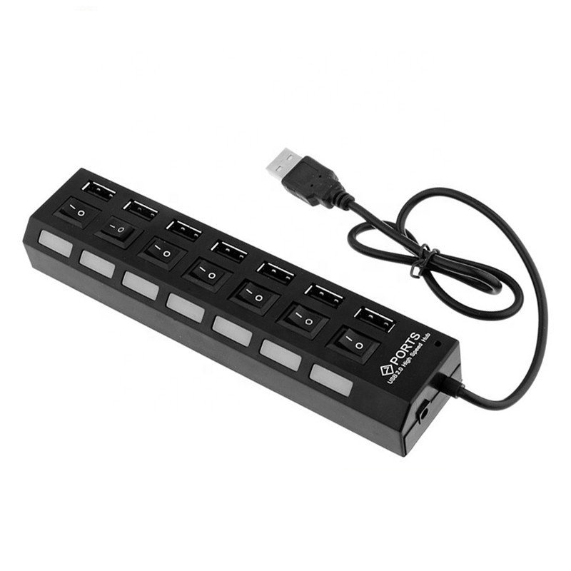 Factory Wholesale 7 Ports USB 2.0 HUB Data Expansion Hub USB Splitter with Power On Off Switch for PC Laptop