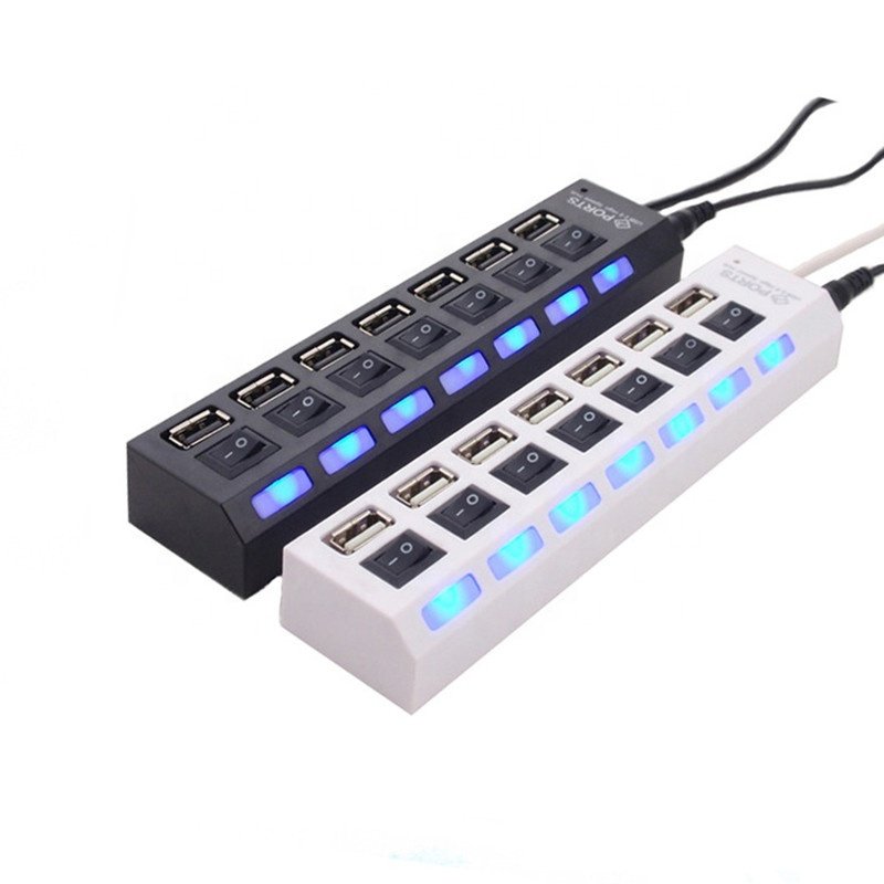 Factory Wholesale 7 Ports USB 2.0 HUB Data Expansion Hub USB Splitter with Power On Off Switch for PC Laptop