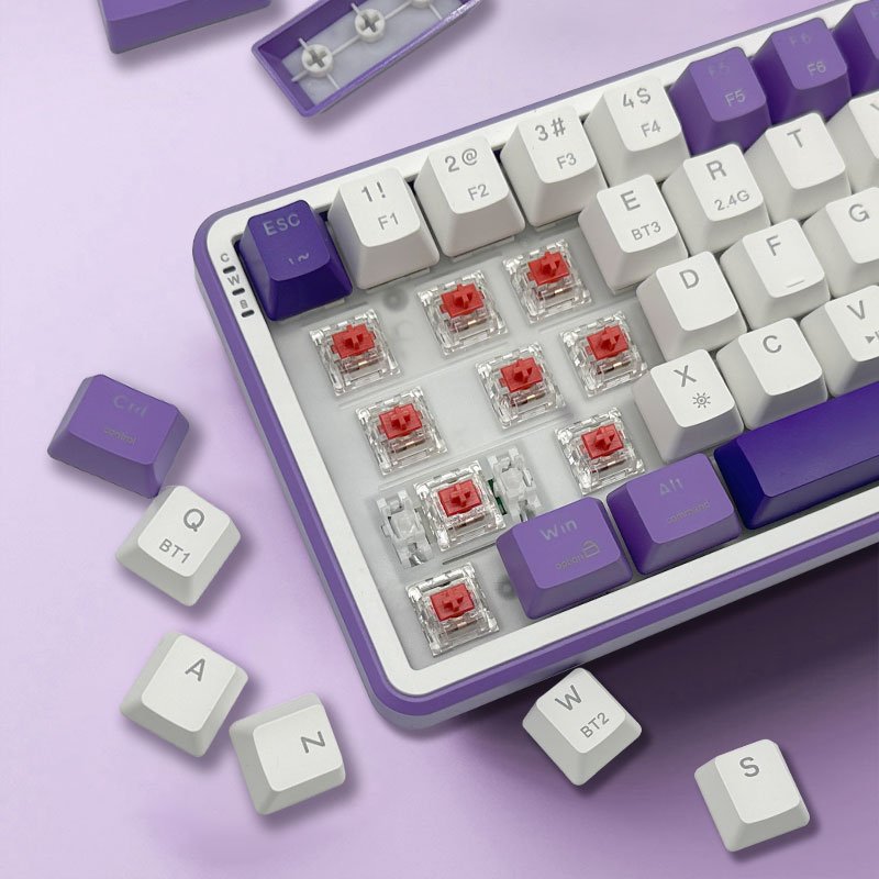 Ergonomic 68-Key RGB Mechanical Keyboard in Customizable Purple Hot-Swappable with Triple-Mode Connectivity