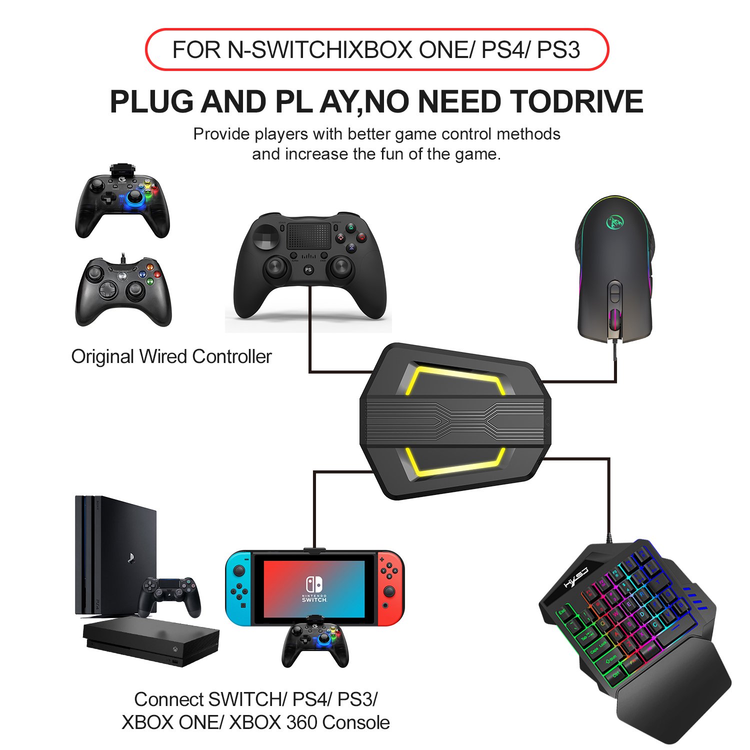 Custom HXSJ 35 keys wired N-Switch P6 Game Converter gaming one-handed keyboard and mouse combos for mobile laptop PC game