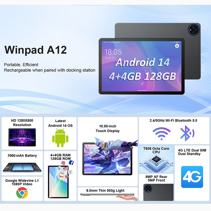 10.95 Inch Android 14.0 Tablet PC 2-in-1 4g Calling Octa Core 8gb 128gb Storage Business Tablets with Keyboard Tablet Covers