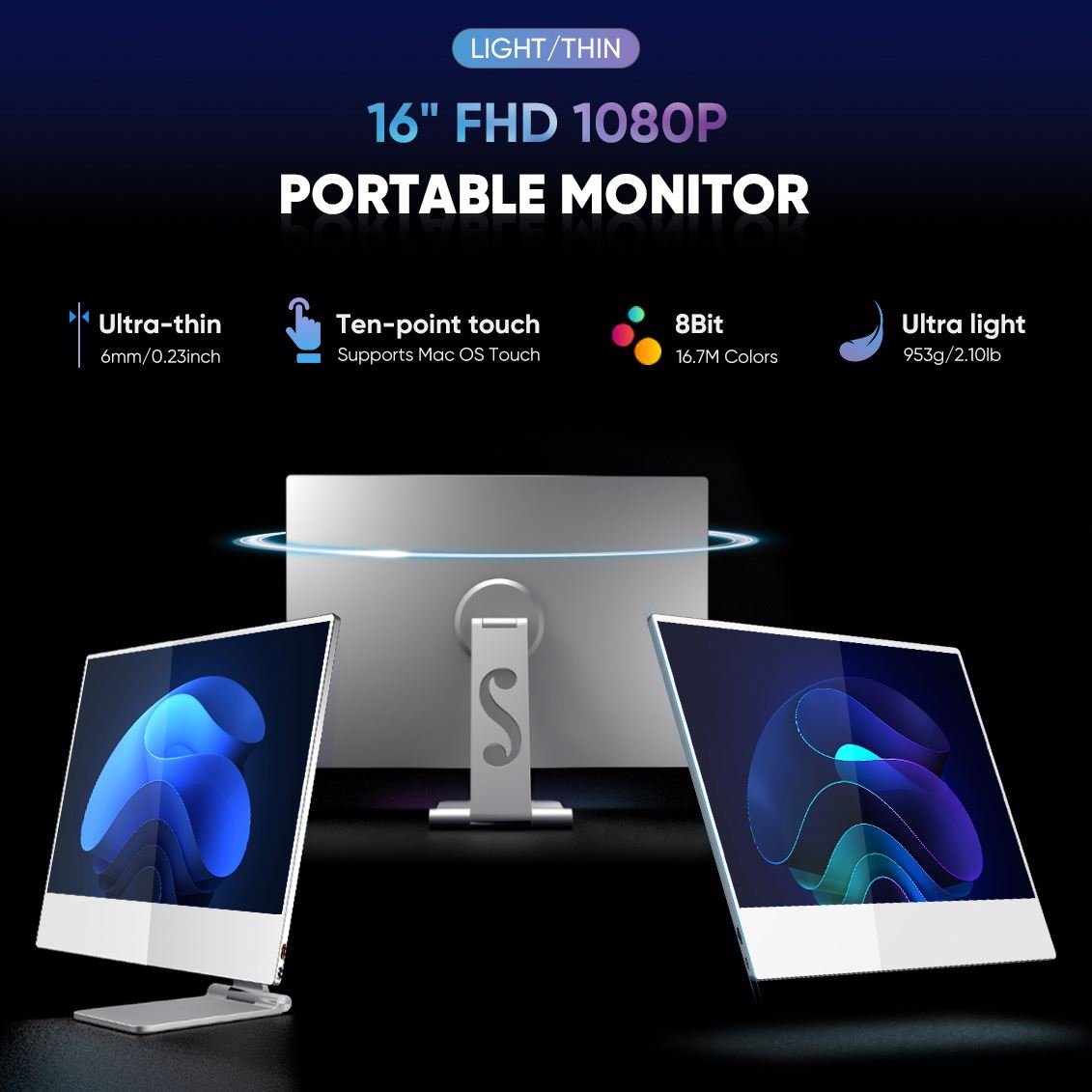 16 inch Touchscreen FHD IPS Display USB-C HD Portable Monitor for Laptop with Cover and Speakers External Monitor