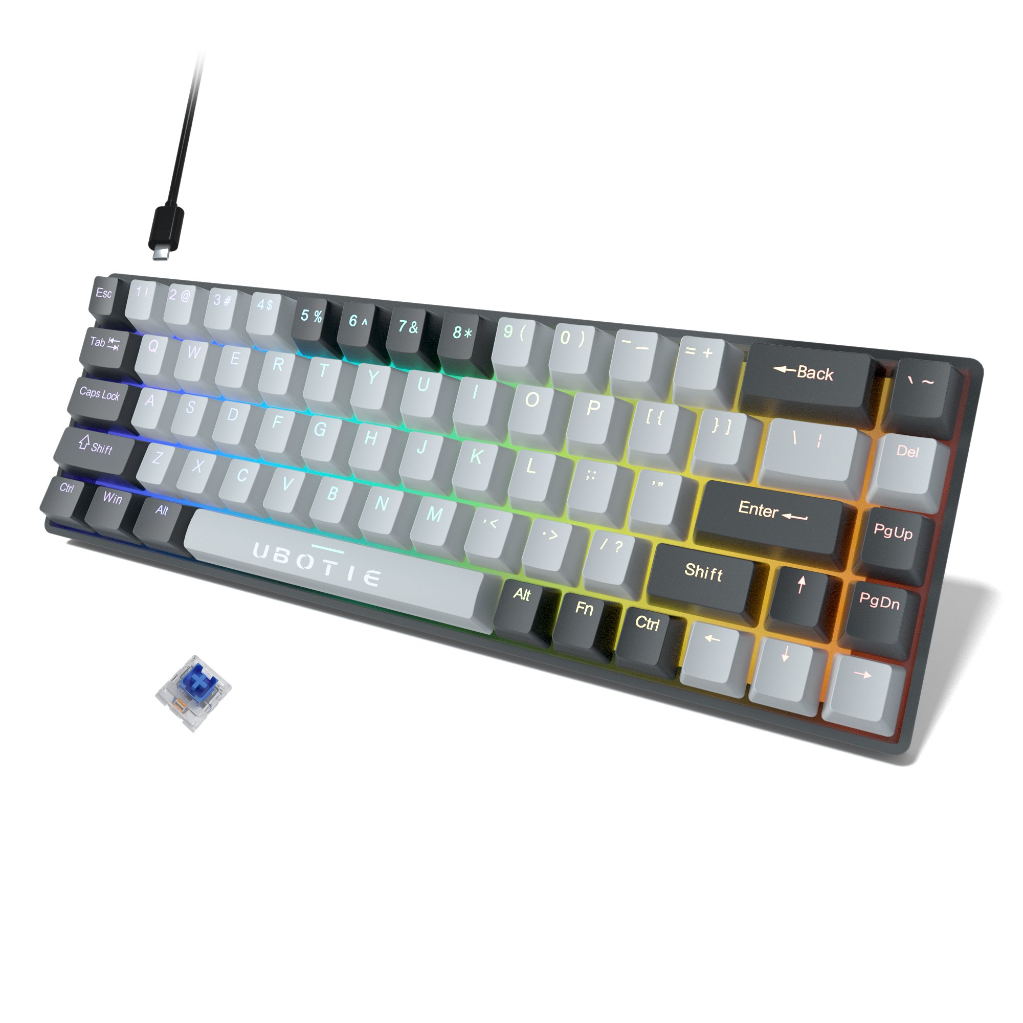 Professional Blue Switch 60 Percent 68 Keys Mini Portable Ultra Compact LED Backlit Gaming Mechanical Keyboard for PC Gamer