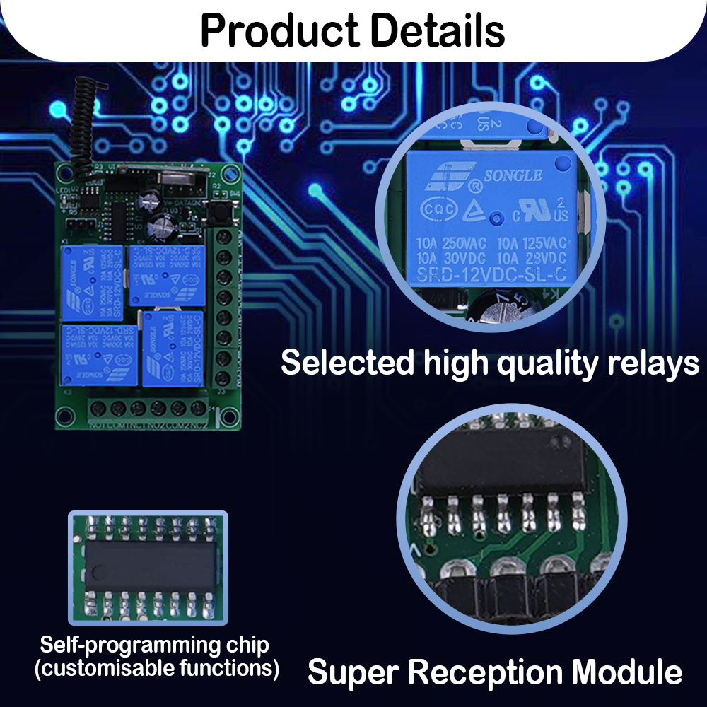 Multi-function 4-channel Wireless Controller 10A Relay DC12V433mhz Learning RF Remote Control Switch Set