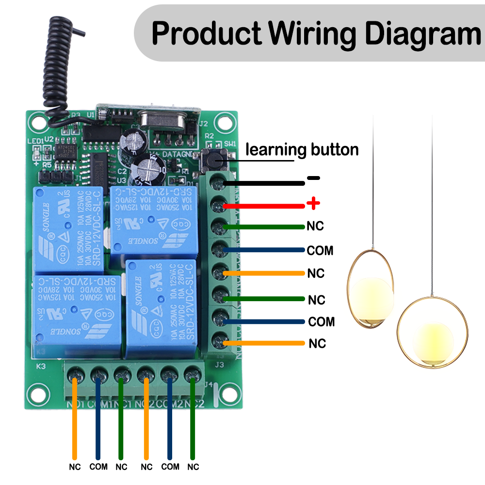 Multi-function 4-channel Wireless Controller 10A Relay DC12V433mhz Learning RF Remote Control Switch Set