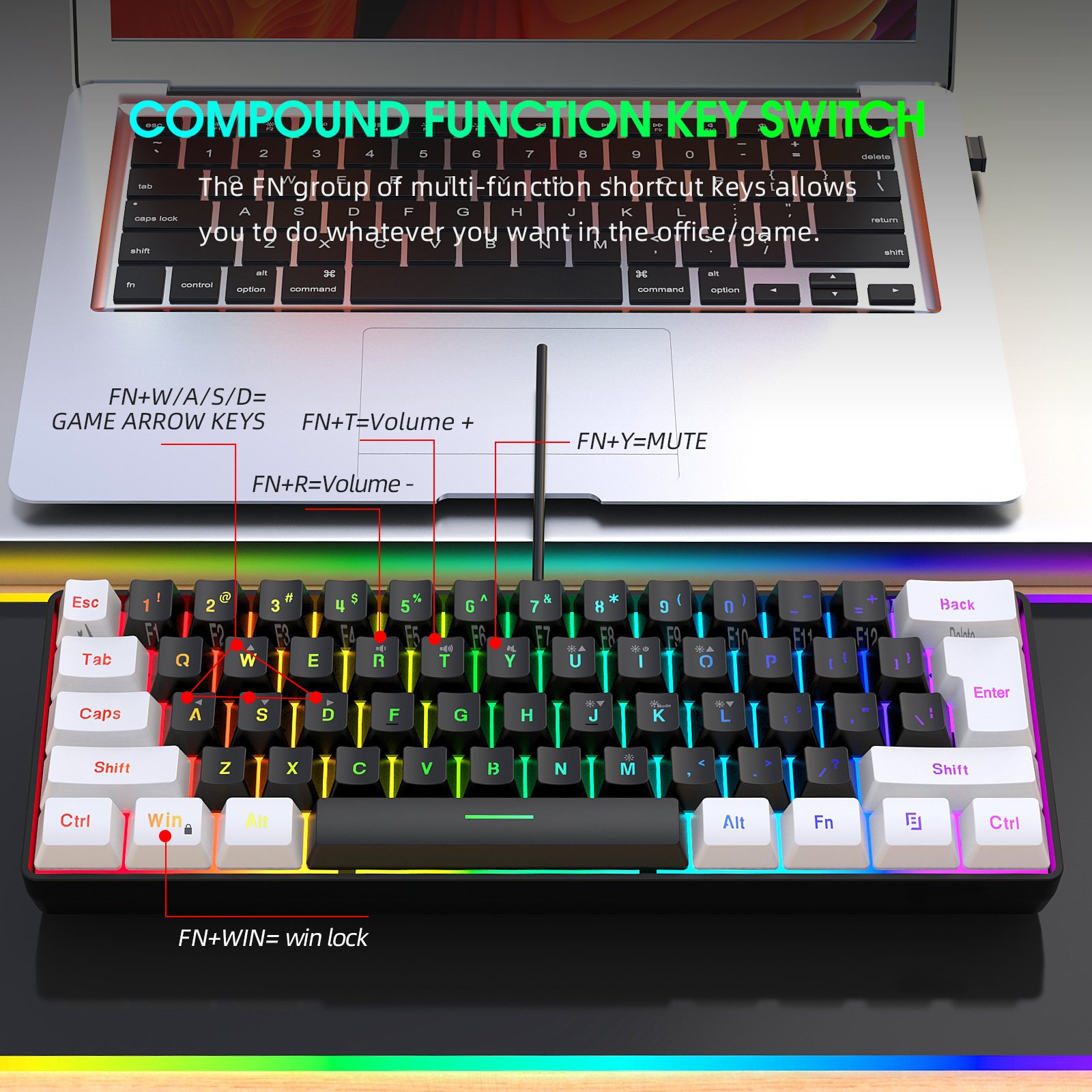 Hot sale portable HXSJ 61 key gaming keyboard 60 percent Gamers RGB backlit wired mechanical feel keyboard customization for pc