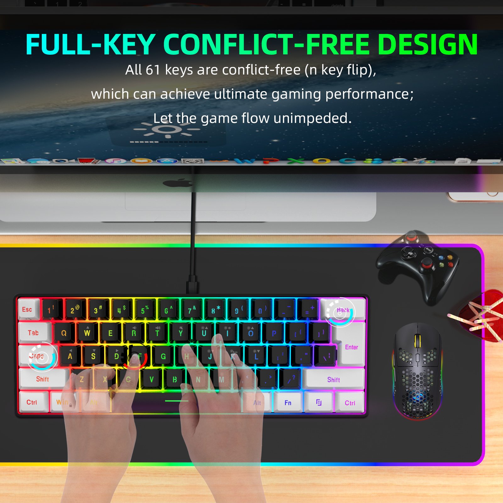 Hot sale portable HXSJ 61 key gaming keyboard 60 percent Gamers RGB backlit wired mechanical feel keyboard customization for pc