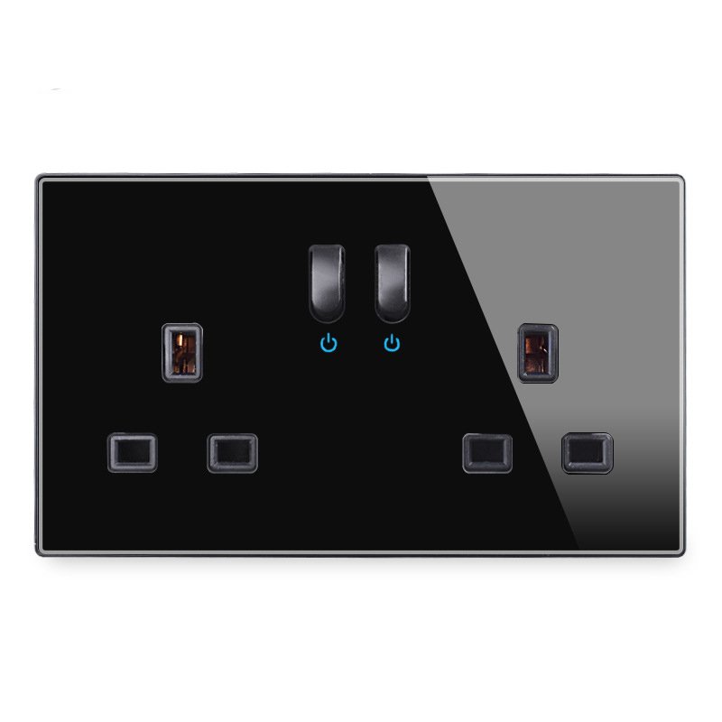 LangYeao 3x6 Tempered Glass Panel Keyboard Reset UK Standard Wall Power Outlet Dual USB with LED Lights