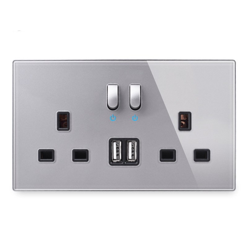 LangYeao 3x6 Tempered Glass Panel Keyboard Reset UK Standard Wall Power Outlet Dual USB with LED Lights