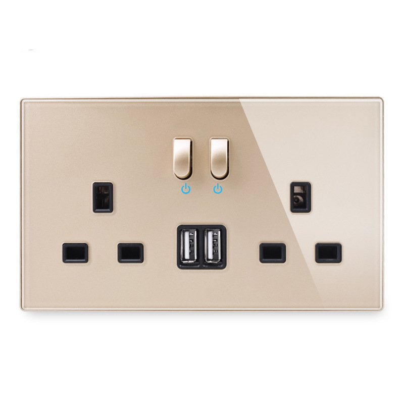 LangYeao 3x6 Tempered Glass Panel Keyboard Reset UK Standard Wall Power Outlet Dual USB with LED Lights