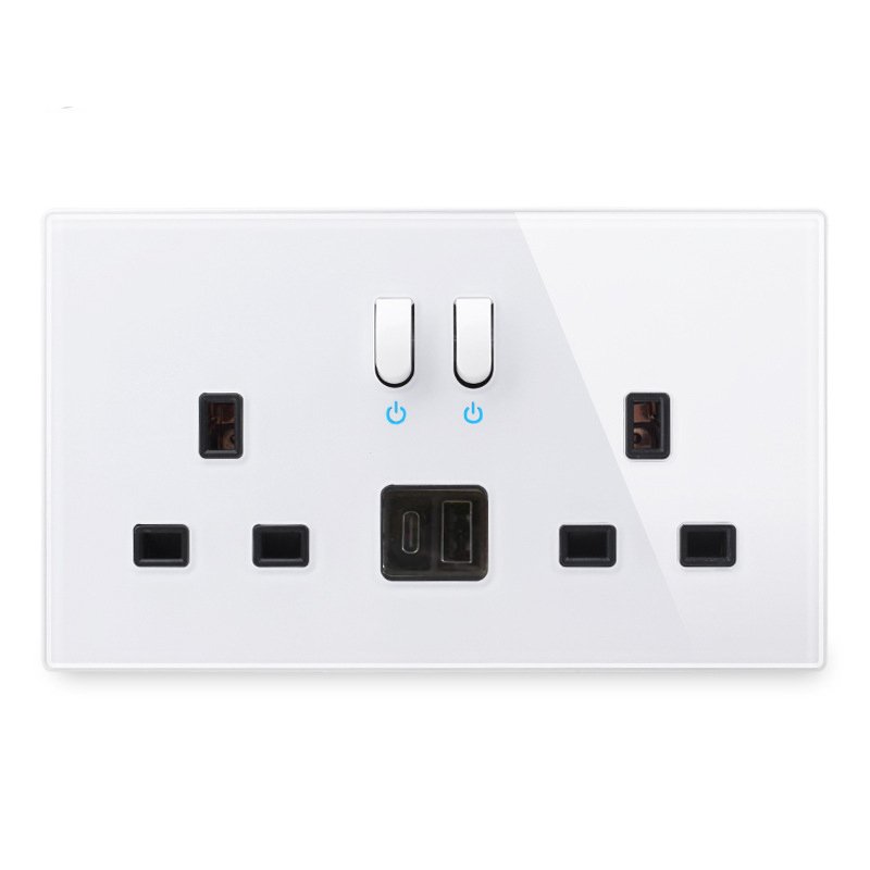 LangYeao 3x6 Tempered Glass Panel Keyboard Reset UK Standard Wall Power Outlet Dual USB with LED Lights