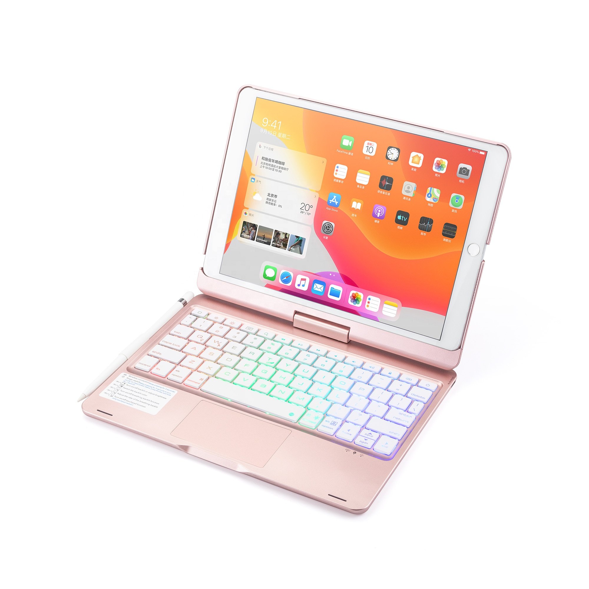 Rose Gold 360 Rotating Cover ABS Wireless Backlit Keyboard for iPad 10.2 10.5 inch