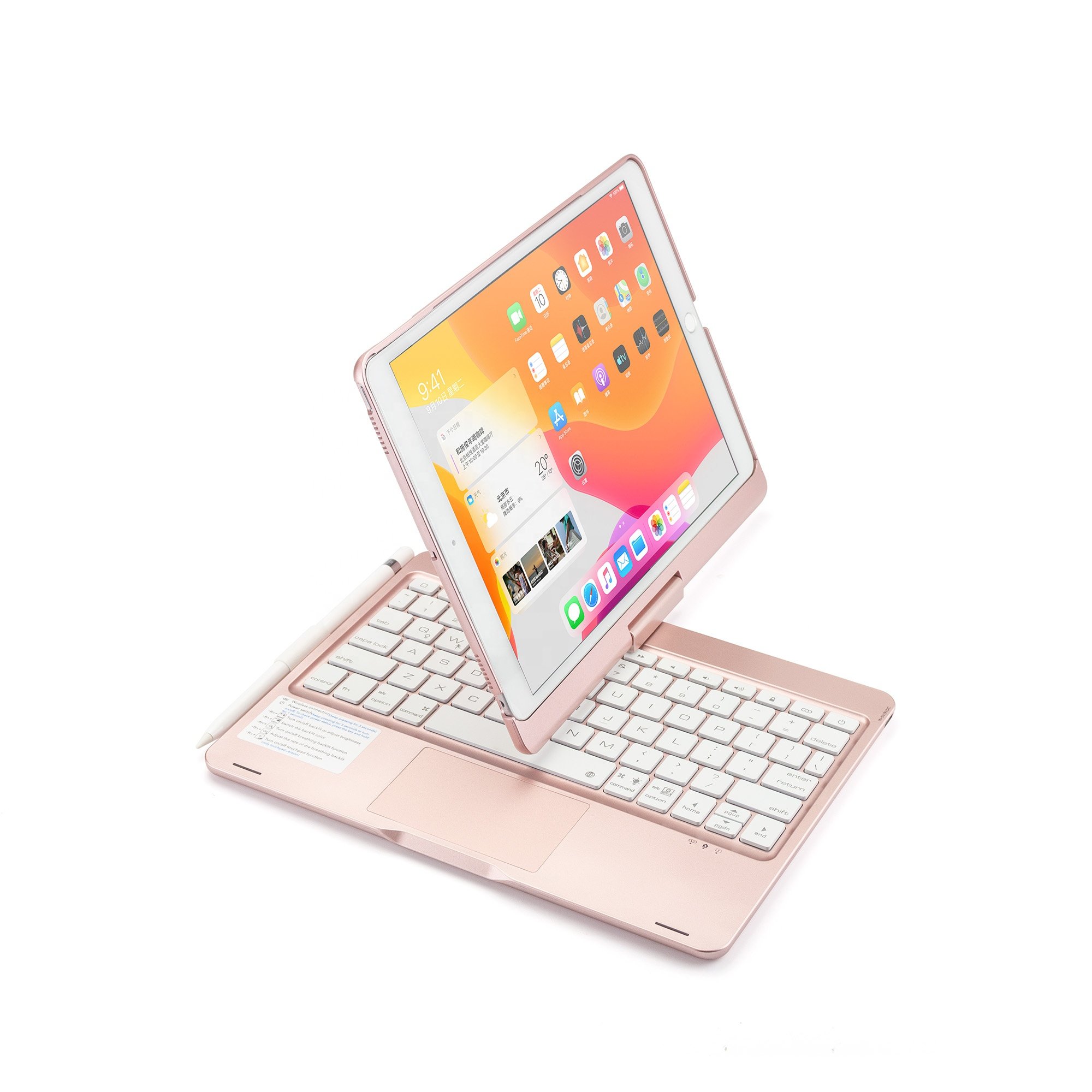 Rose Gold 360 Rotating Cover ABS Wireless Backlit Keyboard for iPad 10.2 10.5 inch