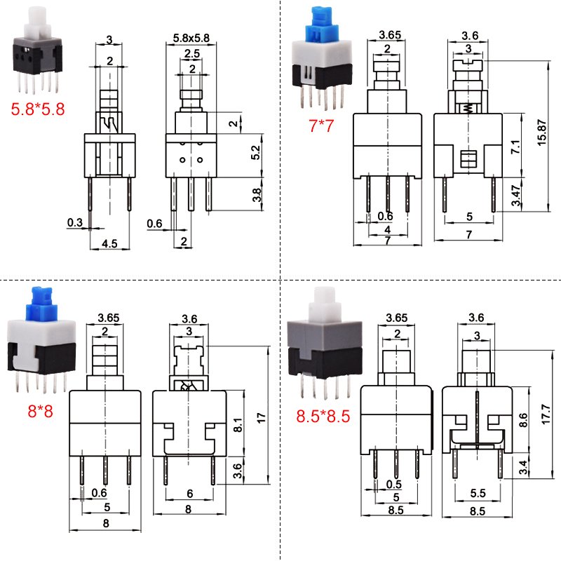 6 Pin PCB Micro Miniature ON&OFF Latching Momentary 5.8x5.8 7x7 8x8 8.5x8.5 Tactile Tact Push Button On Off Switch Self-locking