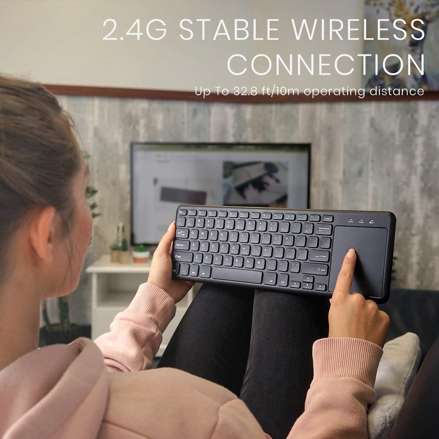 Easy Media Control Ultra Compact Full Size 2.4G Wireless Keyboard Touchpad for TV-Connected Computer Smart TV, HTPC